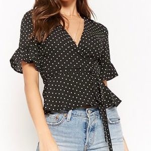 F21 Black ruffle polka dot wrap peplum blouse Top